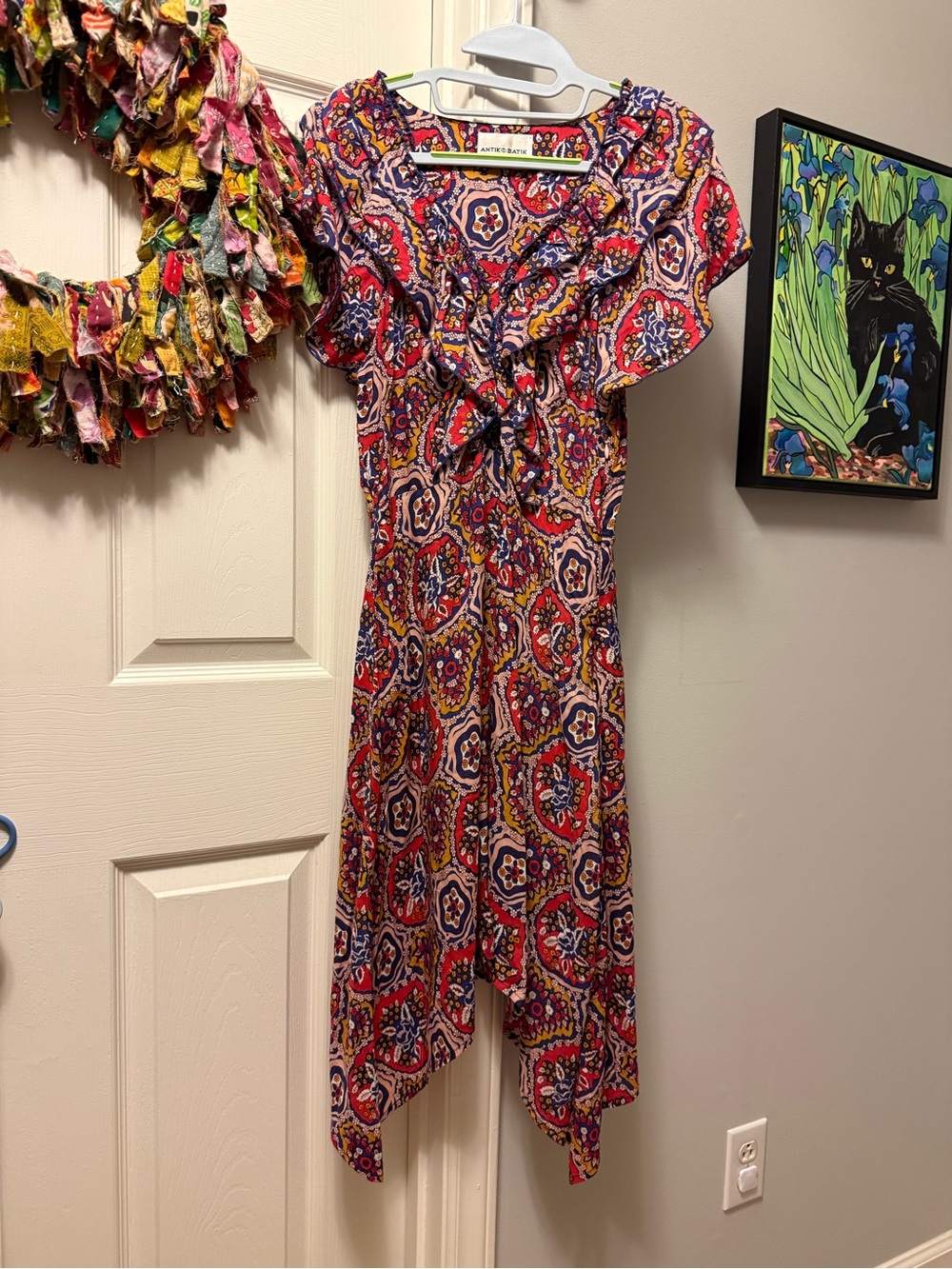 Antik Batik Red Multi Medallion Ruffle-Front Midi Dress 36 XS